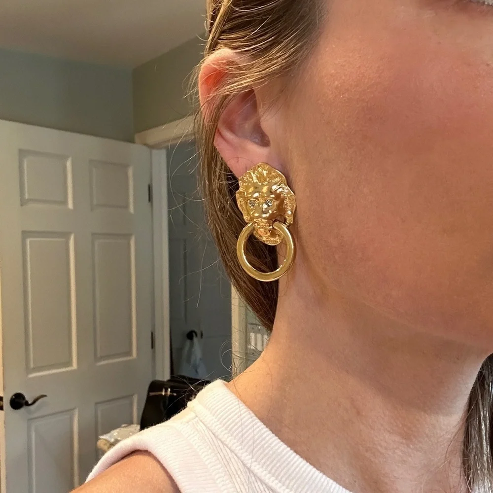 Vintage KJL for Avon Gold Lion Head Knocker Earrings for pierced ears